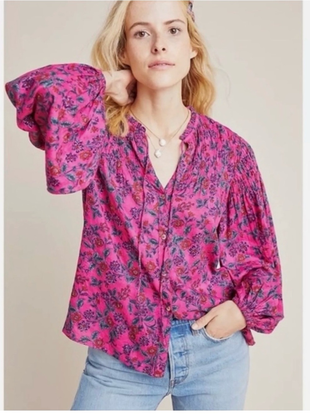 Anthropologie Maeve Calais floral pink blouse | size Small